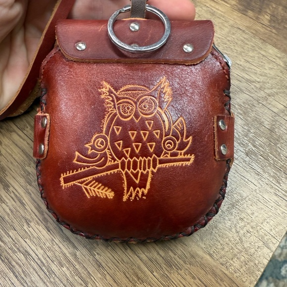 Handmade Embossed name AMY Genuine Leather Owl Coin Purse with Wrist Strap - Picture 4 of 6